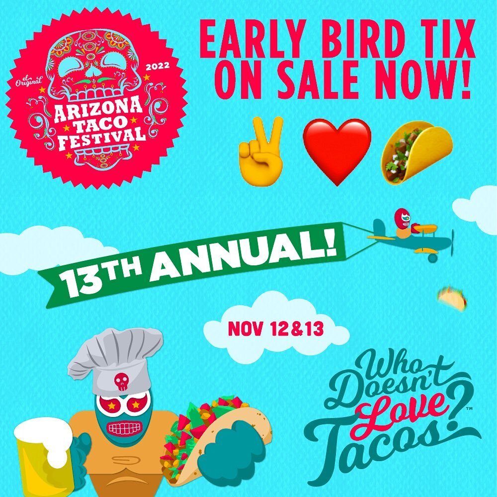 Cure your post Cinco blues by saving a few bucks on your 🌮 fest tix. Early Bird GA on sale today! Available on our website or link below ⬇️ 
https://www.tixr.com/groups/arizonatacofestival/events/arizona-taco-festival-2022-42729